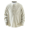 Men’s Cotton-Linen Band Collar Popover Shirt | M7755
