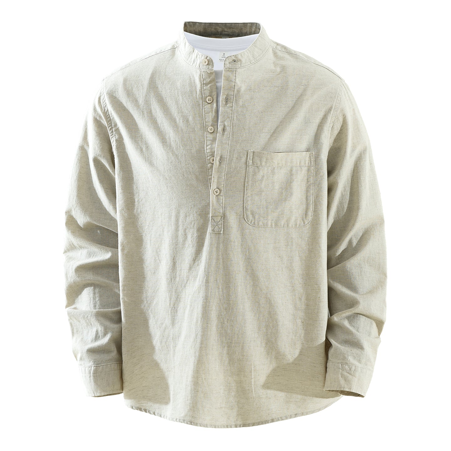 Men’s Cotton-Linen Band Collar Popover Shirt | M7755