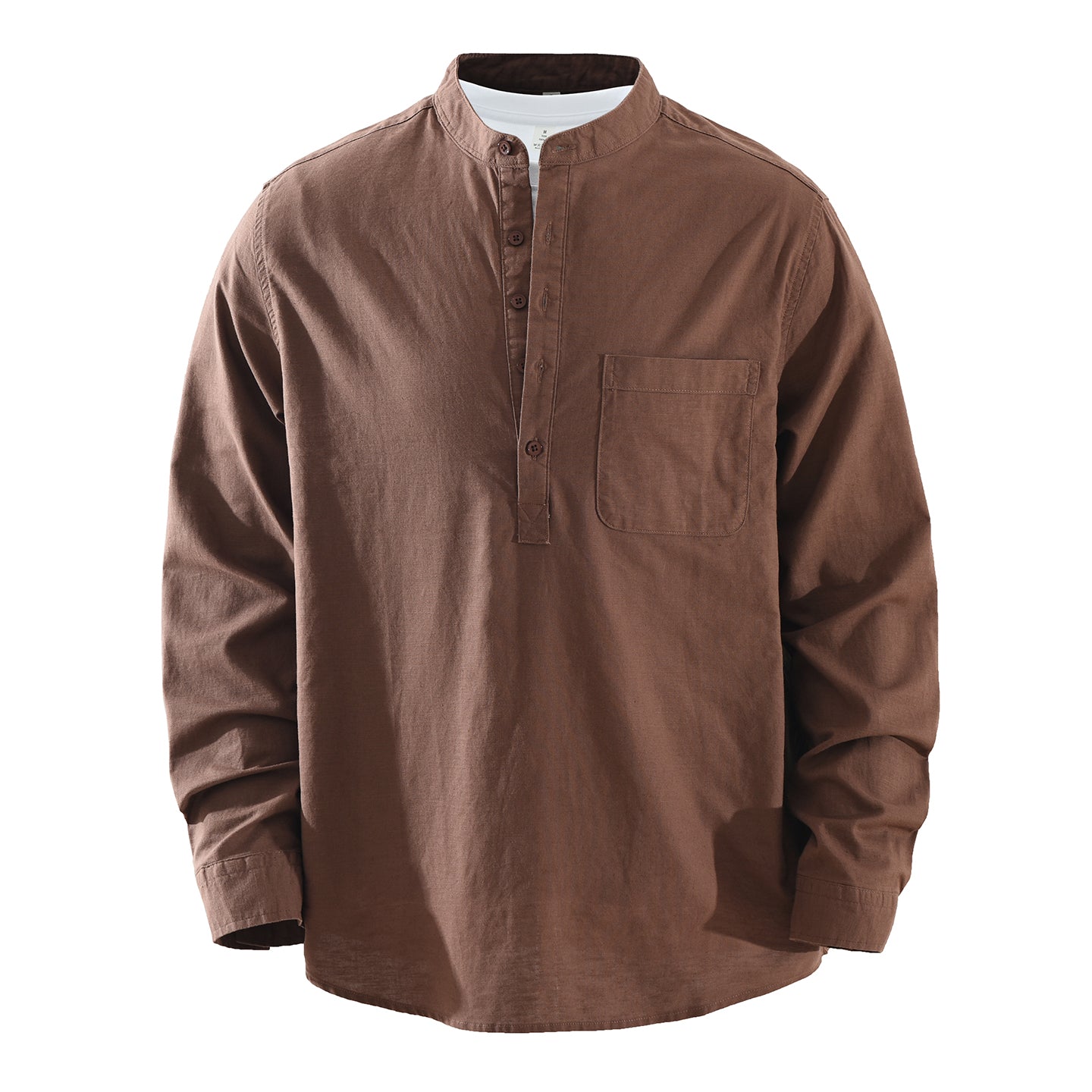Men’s Cotton-Linen Band Collar Popover Shirt | M7755