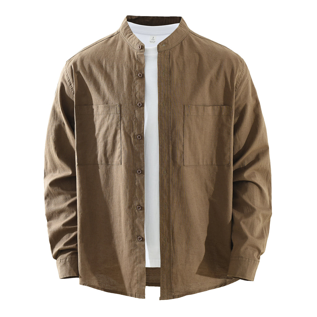Men’s Linen-Cotton Long Sleeve Band Collar Overshirt | M7758