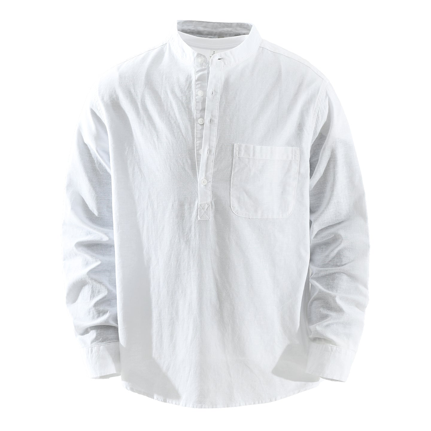 Men’s Cotton-Linen Band Collar Popover Shirt | M7755