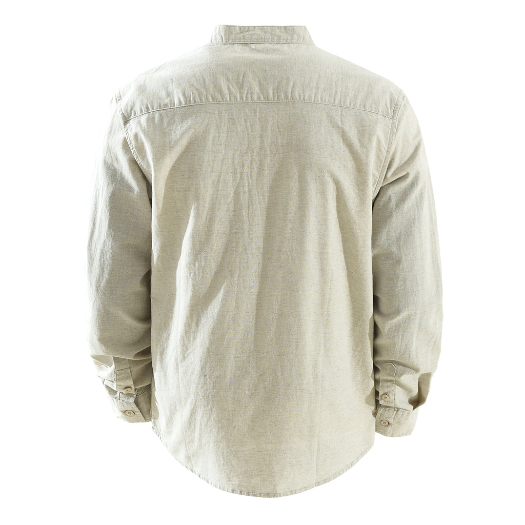 Men’s Cotton-Linen Band Collar Popover Shirt | M7755
