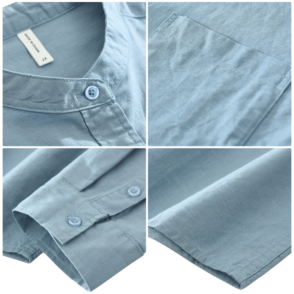 Men’s Linen-Cotton Long Sleeve Band Collar Overshirt | M7758