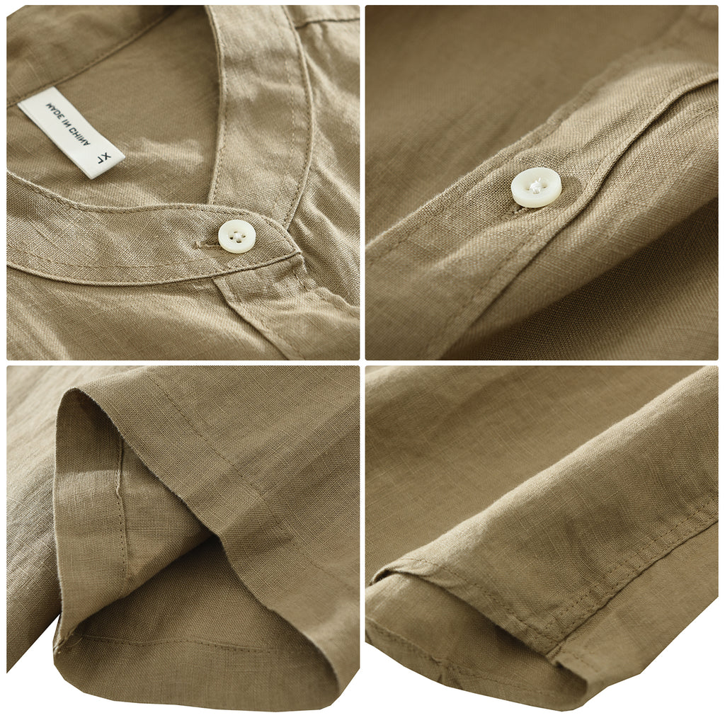 Men’s 100% Linen Band Collar Short Sleeve Shirt | M8291