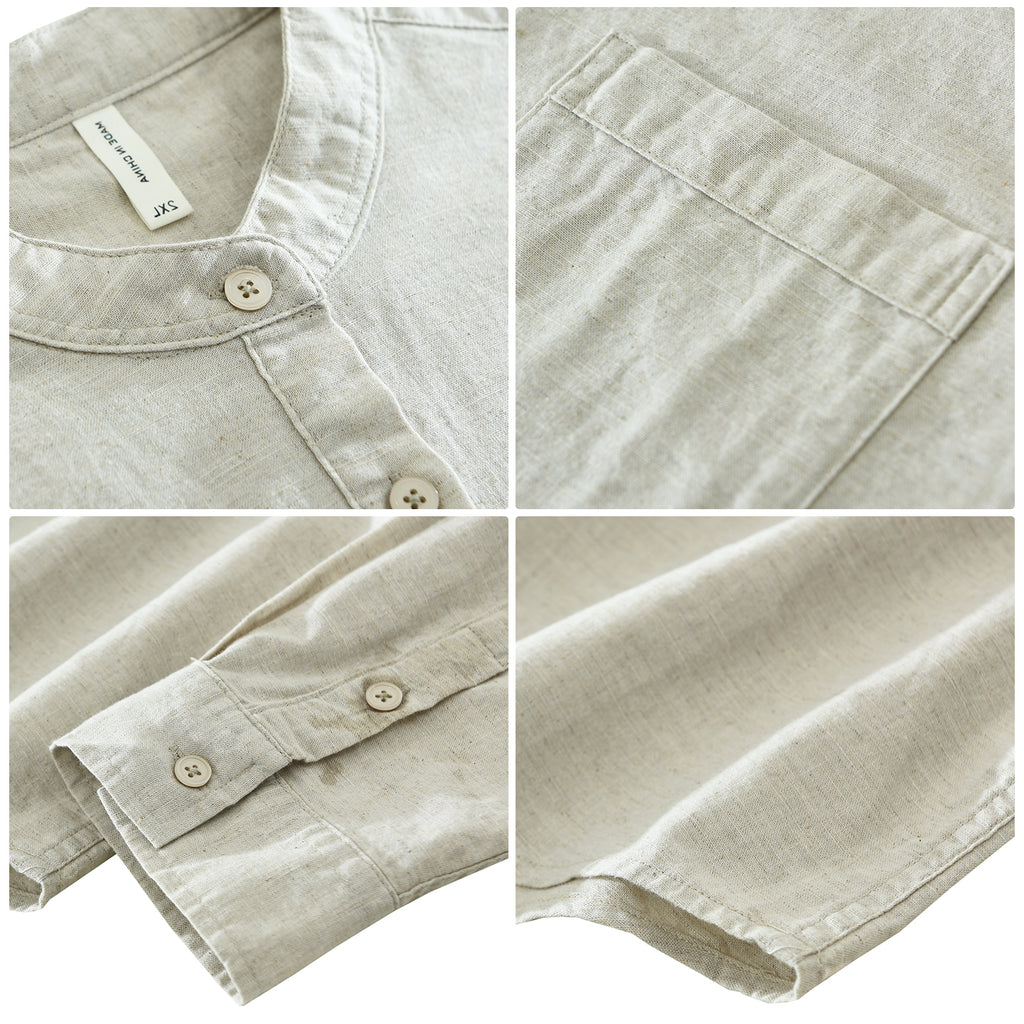 Men’s Cotton-Linen Band Collar Popover Shirt | M7755
