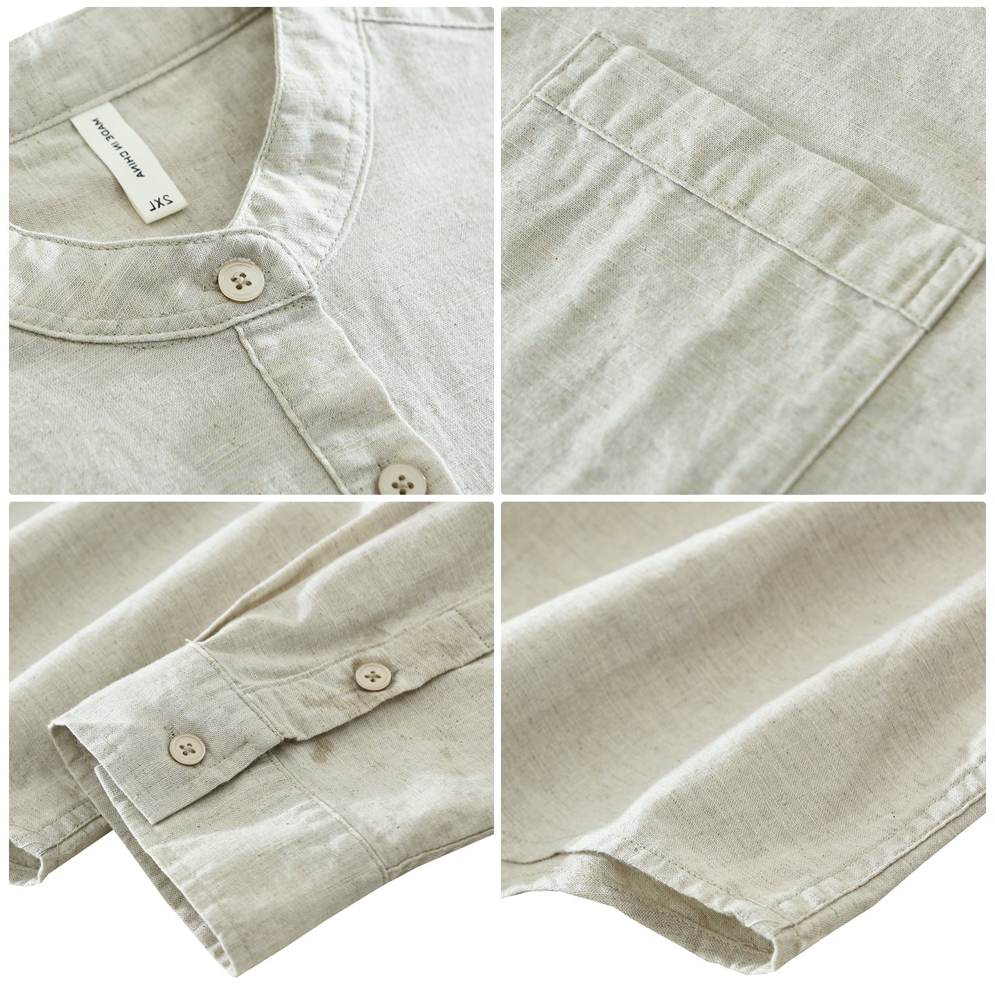 Men’s Cotton-Linen Band Collar Popover Shirt | M7755