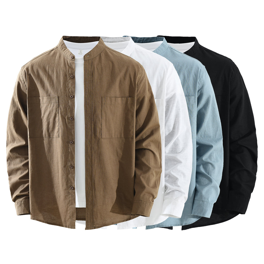 Men’s Linen-Cotton Long Sleeve Band Collar Overshirt | M7758