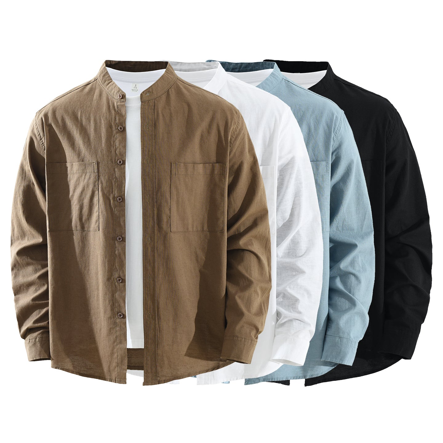 Men’s Linen-Cotton Long Sleeve Band Collar Overshirt | M7758