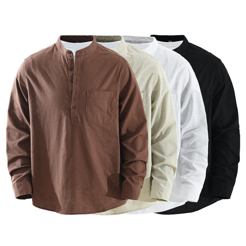 Men’s Cotton-Linen Band Collar Popover Shirt | M7755