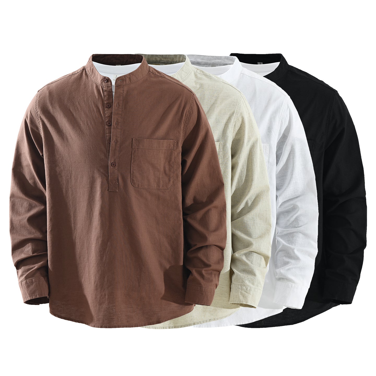 Men’s Cotton-Linen Band Collar Popover Shirt | M7755