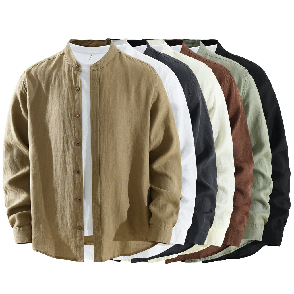 Men’s 100% Linen Band Collar Long Sleeve Overshirt | M7776