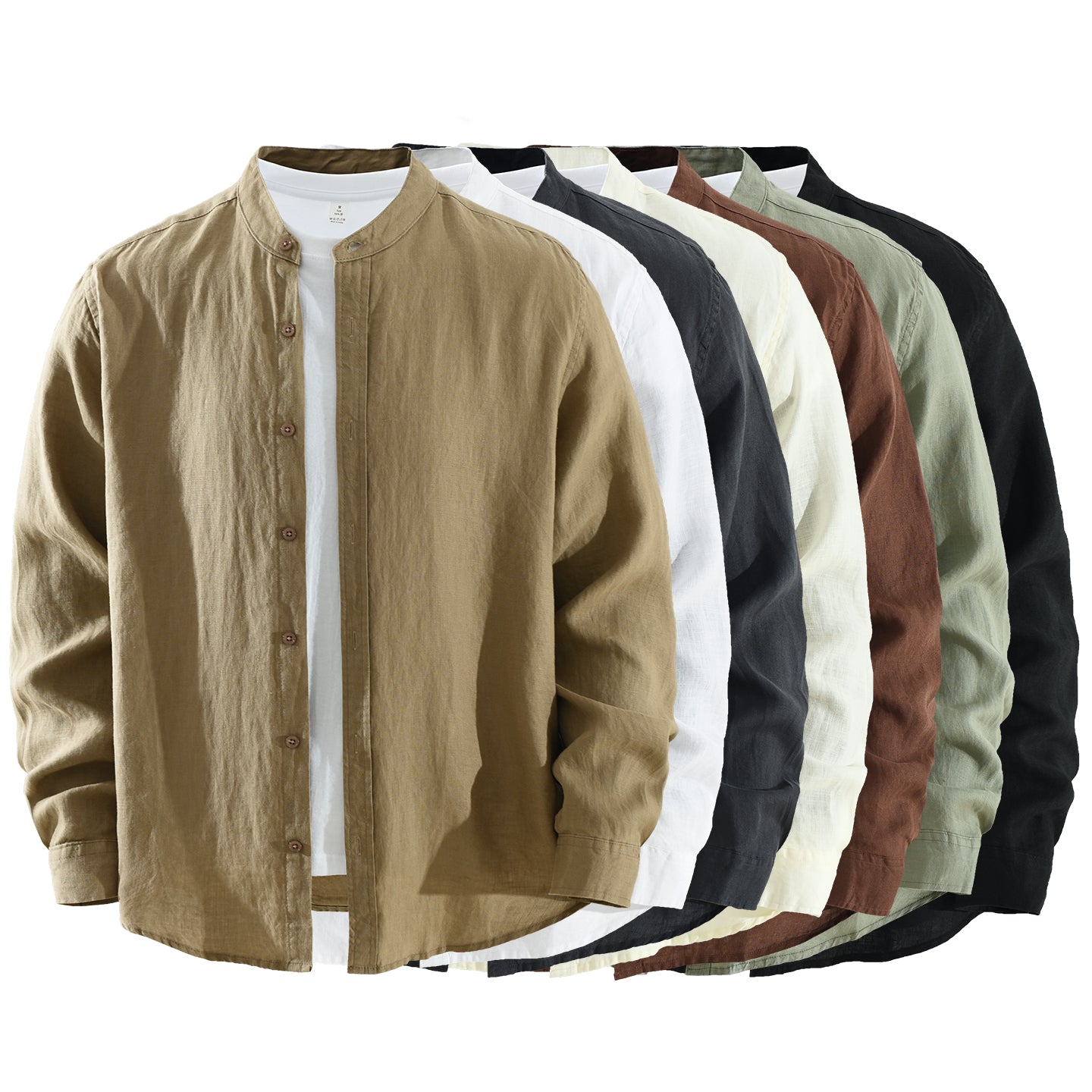 Men’s 100% Linen Band Collar Long Sleeve Overshirt | M7776